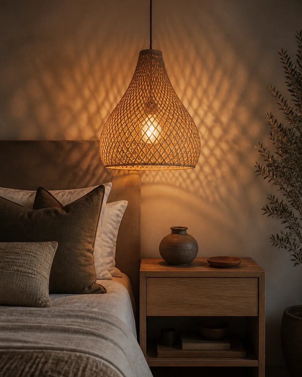 A hand-woven jute pendant light shade hanging beside a bed, casting warm patterned shadows through its weave, with the bed and nightstand in the background