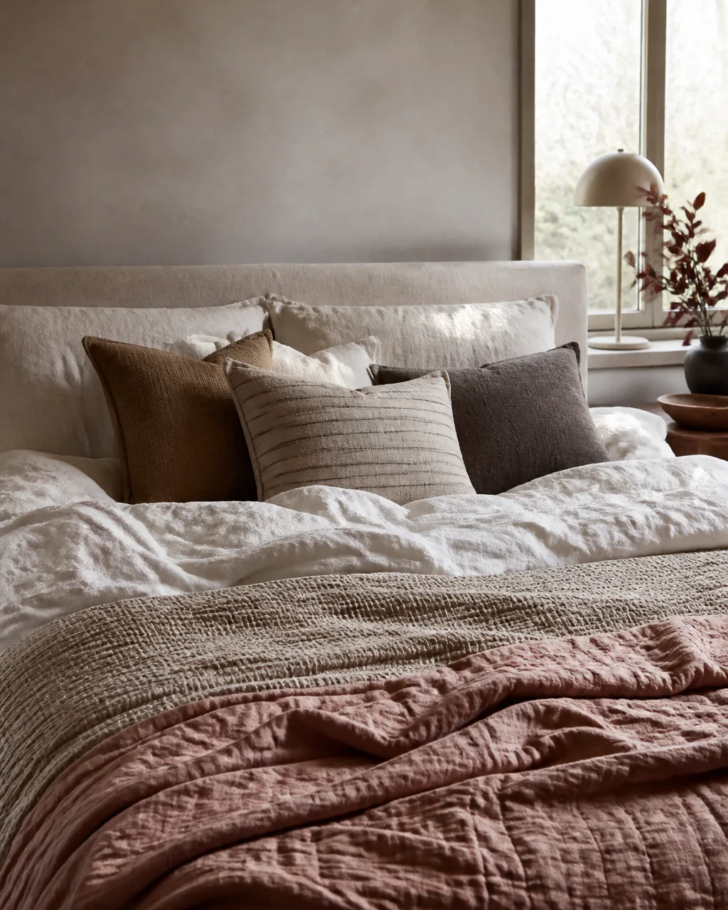 Close-up of a bed with layered linen bedding in cream and oatmeal tones with a dusty rose quilt folded at the foot and textured accent pillows