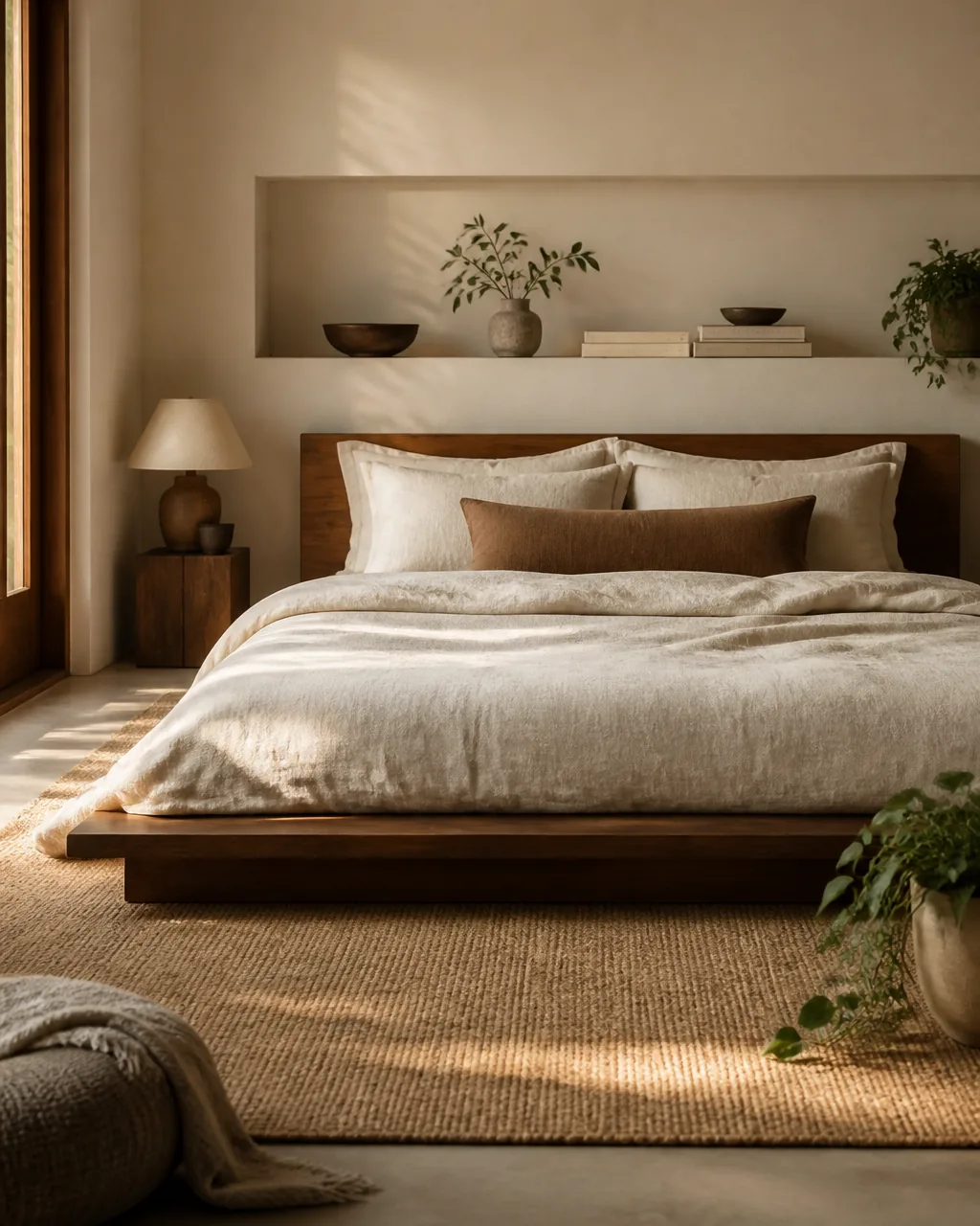 A low wooden platform bed frame in warm walnut sitting close to the floor with cream linen bedding, a jute rug, and a potted plant beside it