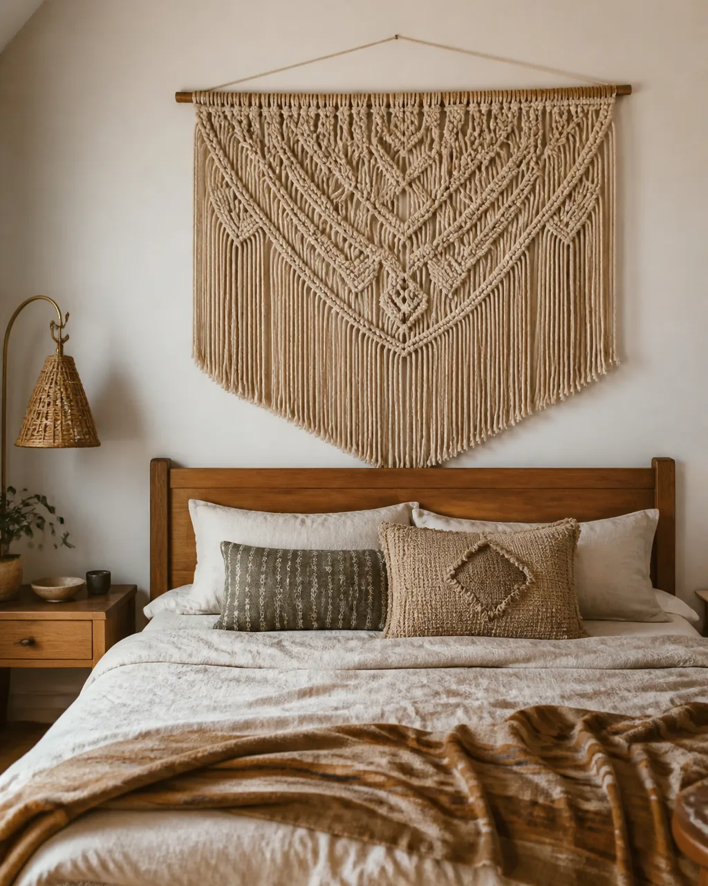 A large handmade macramé wall hanging with intricate knotwork and long fringe above a wooden headboard on a white wall