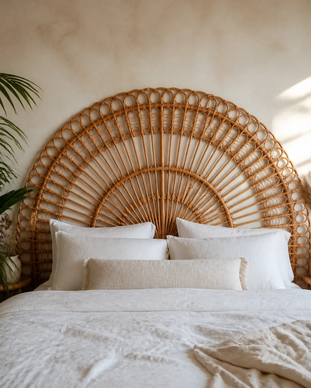 A full fan-shaped rattan peacock headboard behind a bed with white linen pillows, the woven rattan radiating in a sunburst pattern