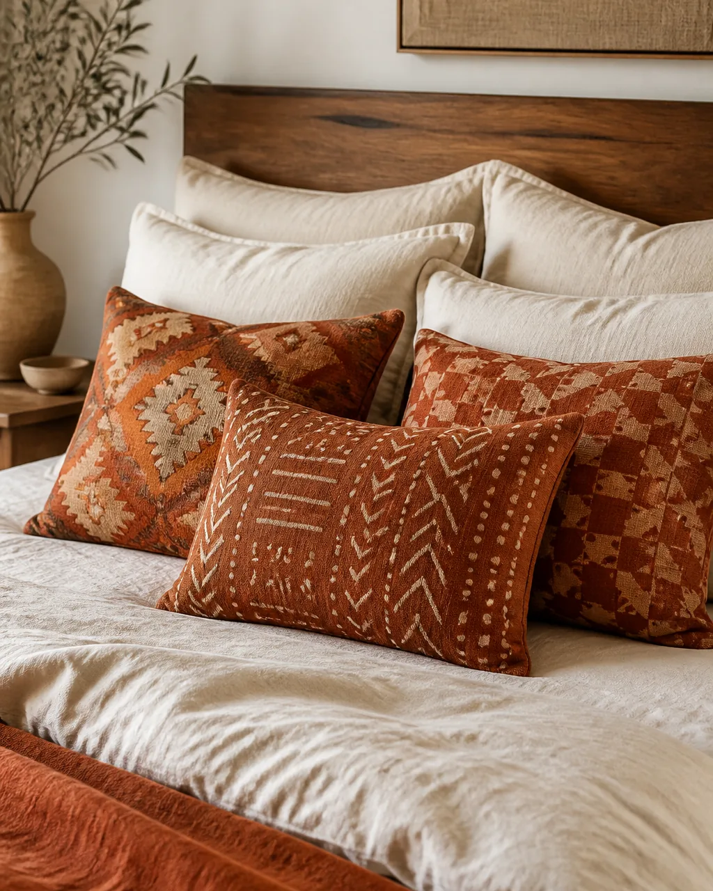 A collection of accent pillows in terracotta, rust, and burnt orange on a bed with cream linen, including kilim, mudcloth, and block-print patterns