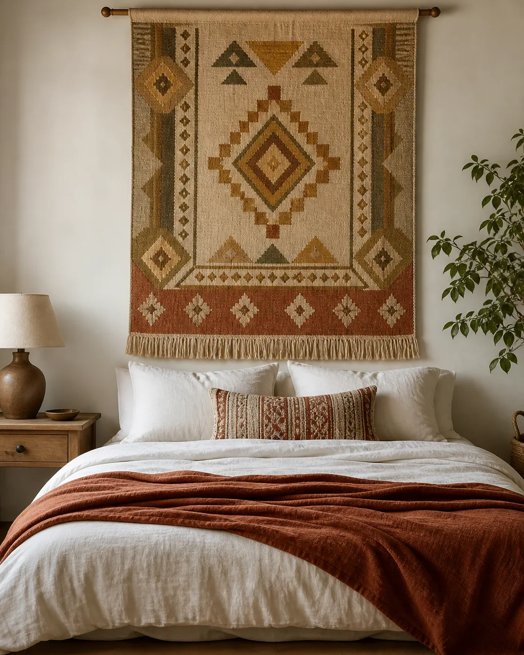 A large woven textile tapestry in cream, rust, mustard, and olive with geometric tribal patterns mounted on a wooden dowel behind the bed