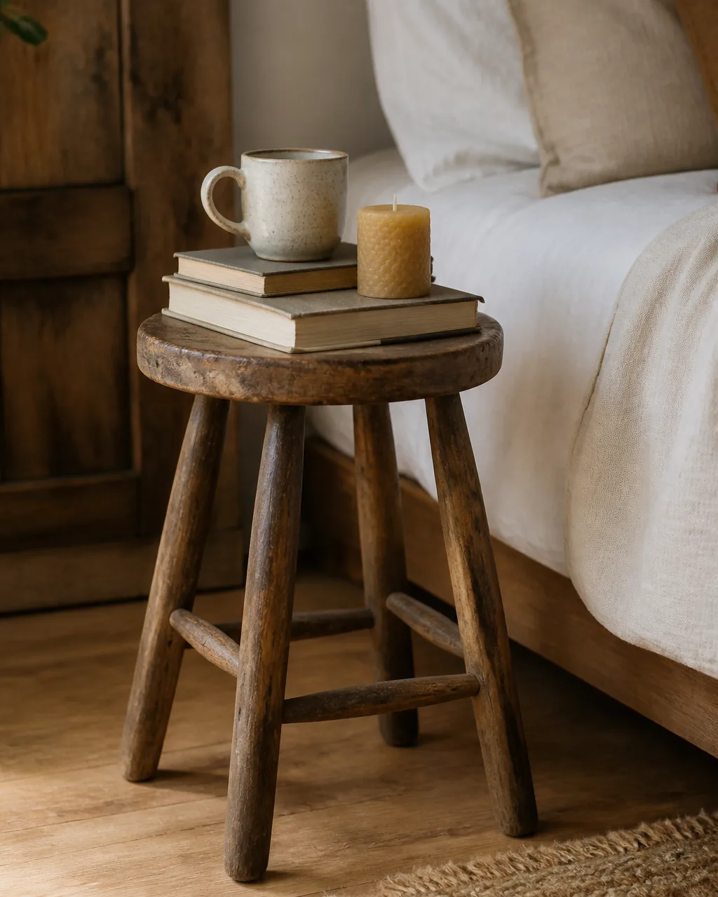 A weathered vintage wooden stool used as a bedside table with a stack of books, a ceramic mug, and a beeswax candle on top