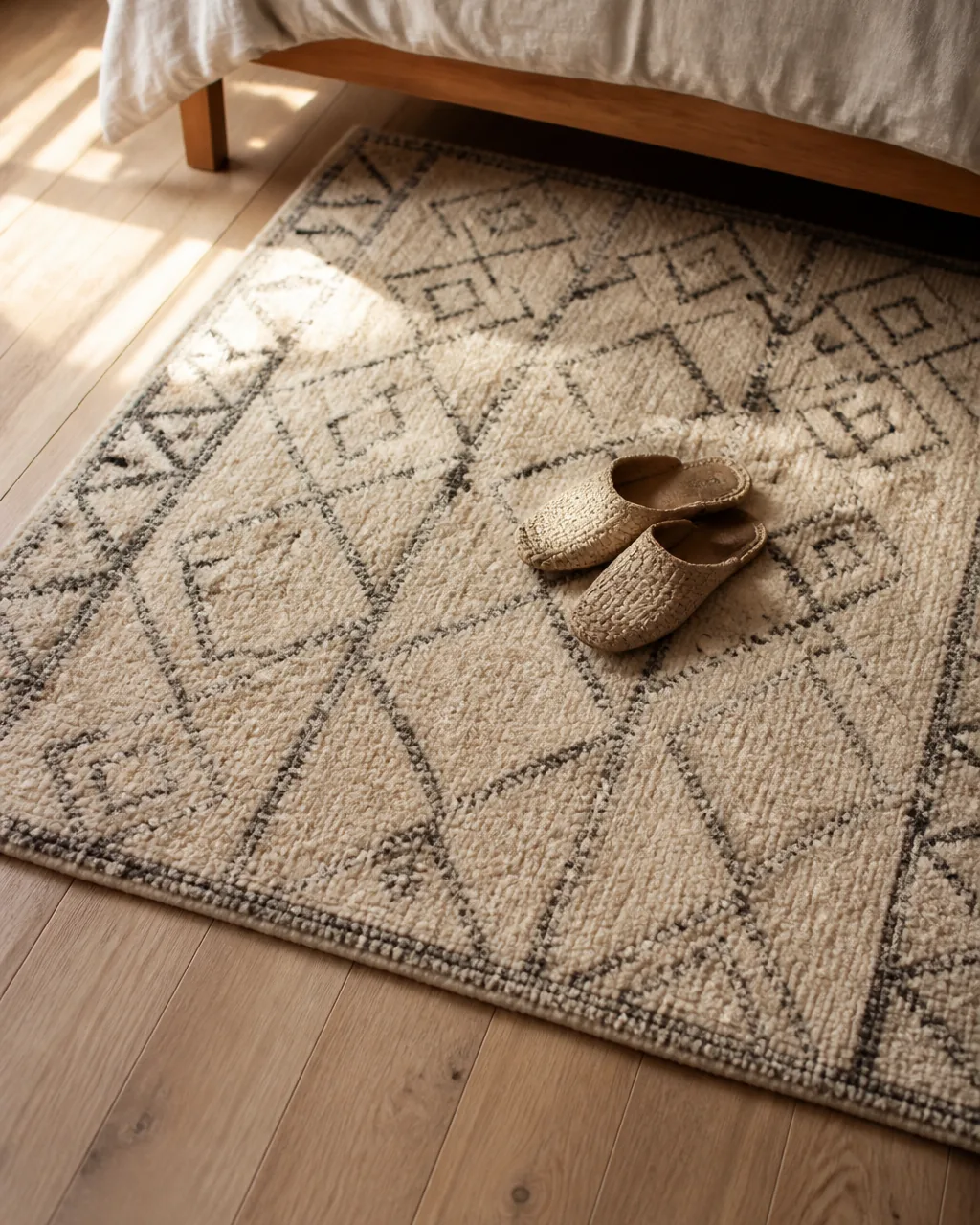 A faded vintage Moroccan beni ourain rug with cream and charcoal diamond pattern on light hardwood floor beside a bed, with woven slippers on the rug