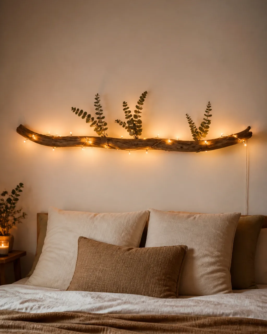 A piece of smooth driftwood mounted above a headboard with warm fairy lights wrapped around it and dried eucalyptus tucked in, glowing softly