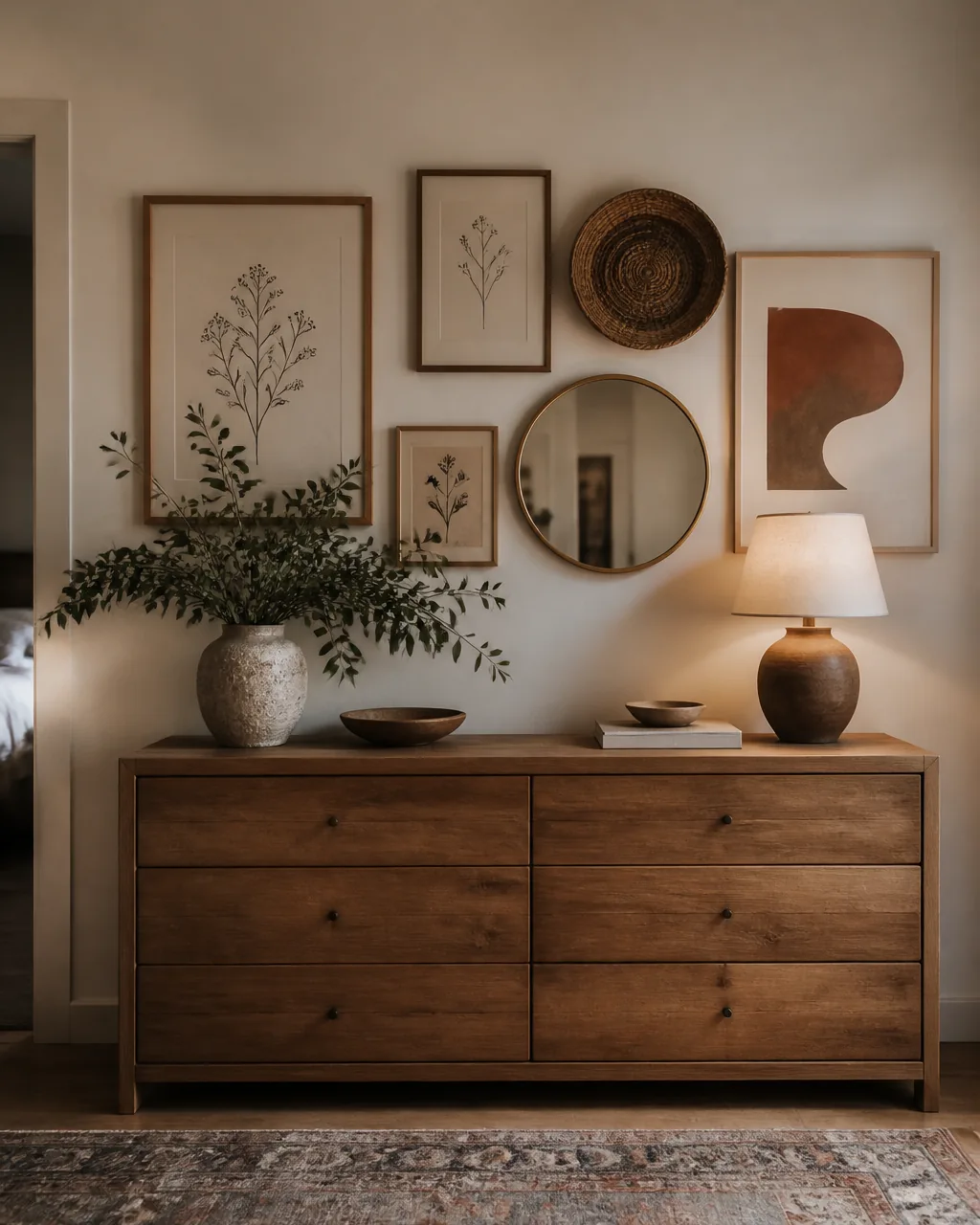 A curated gallery wall above a wooden dresser with mismatched frames holding botanical prints, a round mirror, and a woven basket plate