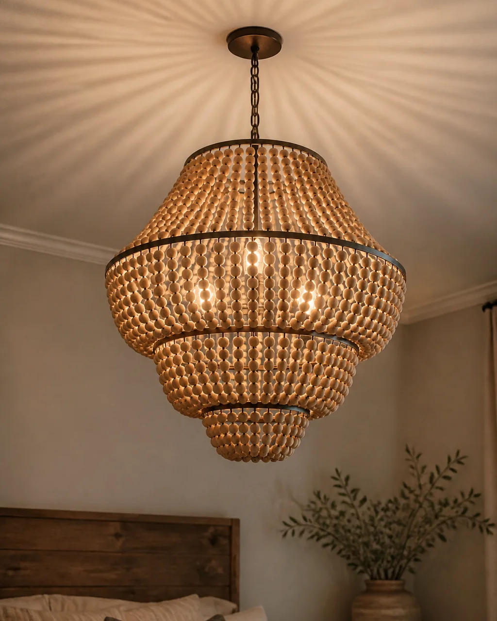 A tiered chandelier made of natural wooden beads strung in concentric circles hanging from a white ceiling, casting intricate shadow patterns