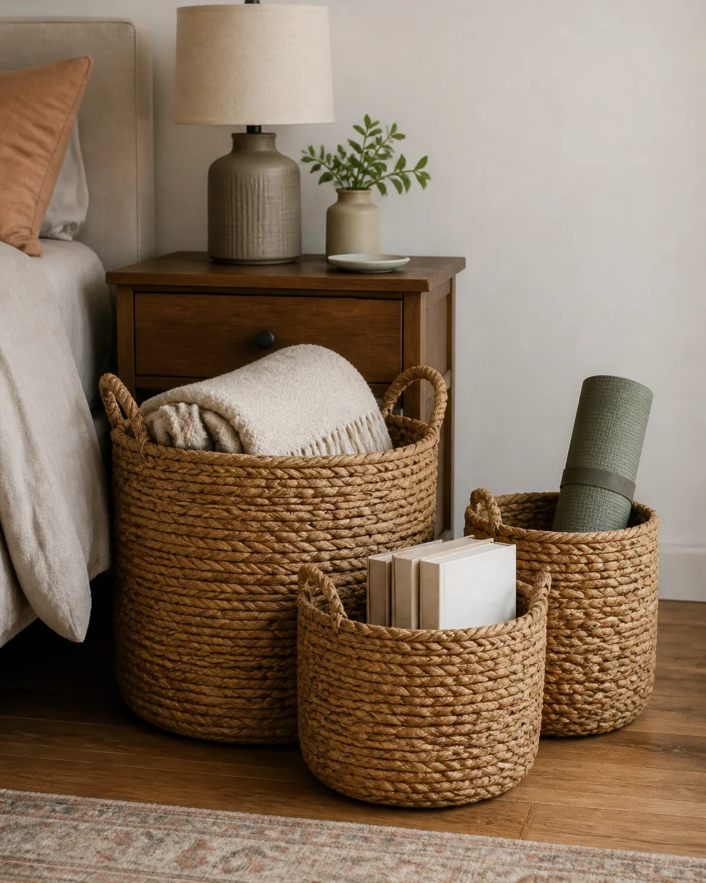 Three woven seagrass belly baskets of graduated sizes beside a nightstand, holding a throw blanket, paperback books, and a rolled yoga mat