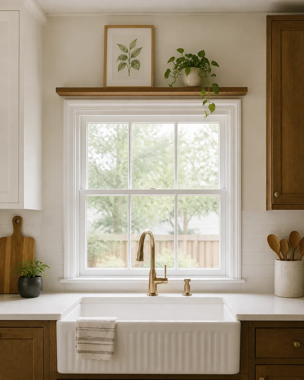 A narrow floating shelf above a white farmhouse kitchen sink holding a small framed botanical watercolor and a trailing pothos in a ceramic pot with natural daylight