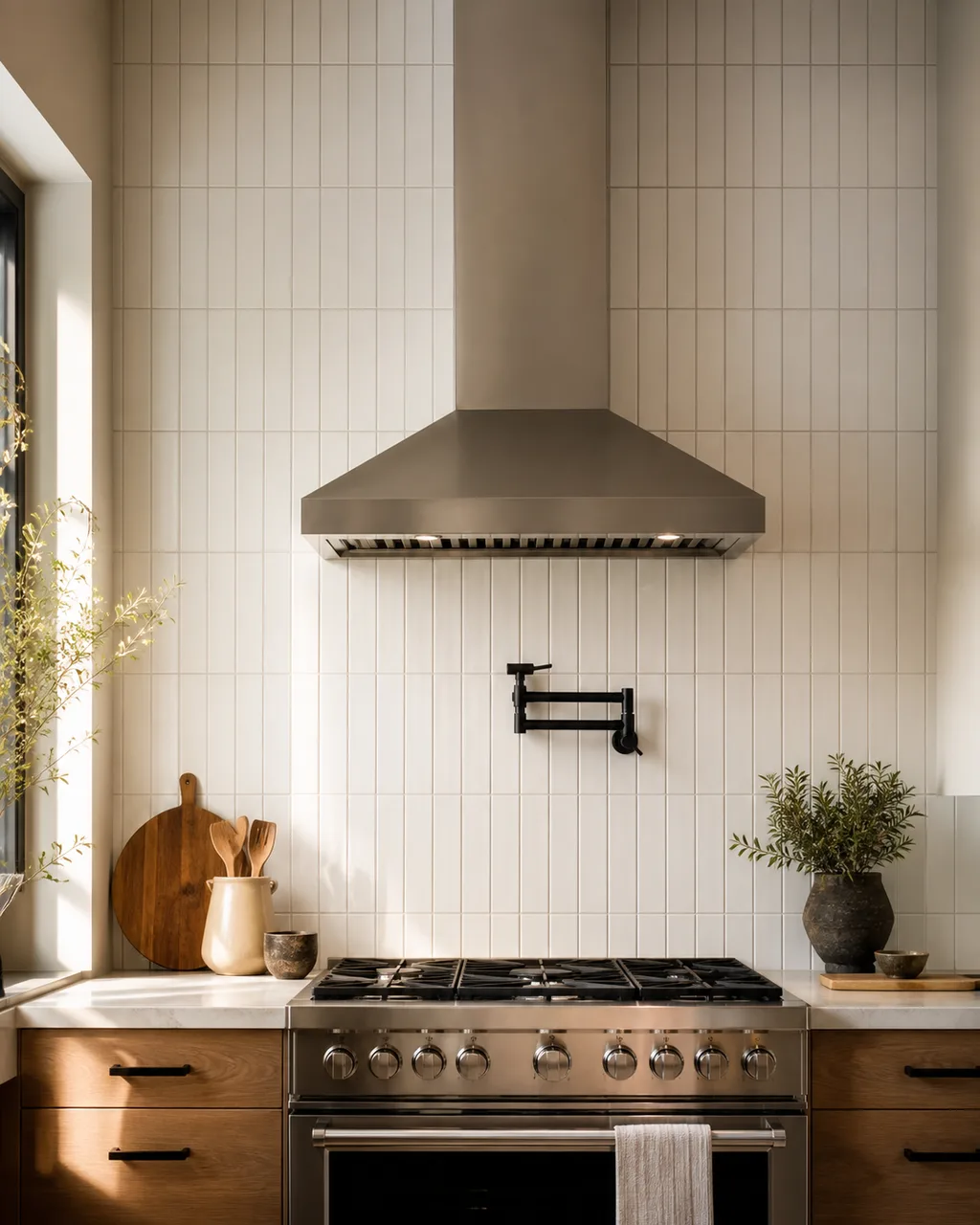 A kitchen cooking area with white subway tile laid in vertical stack bond pattern from counter to ceiling with a matte-black pot-filler faucet and stainless hood above in warm natural light
