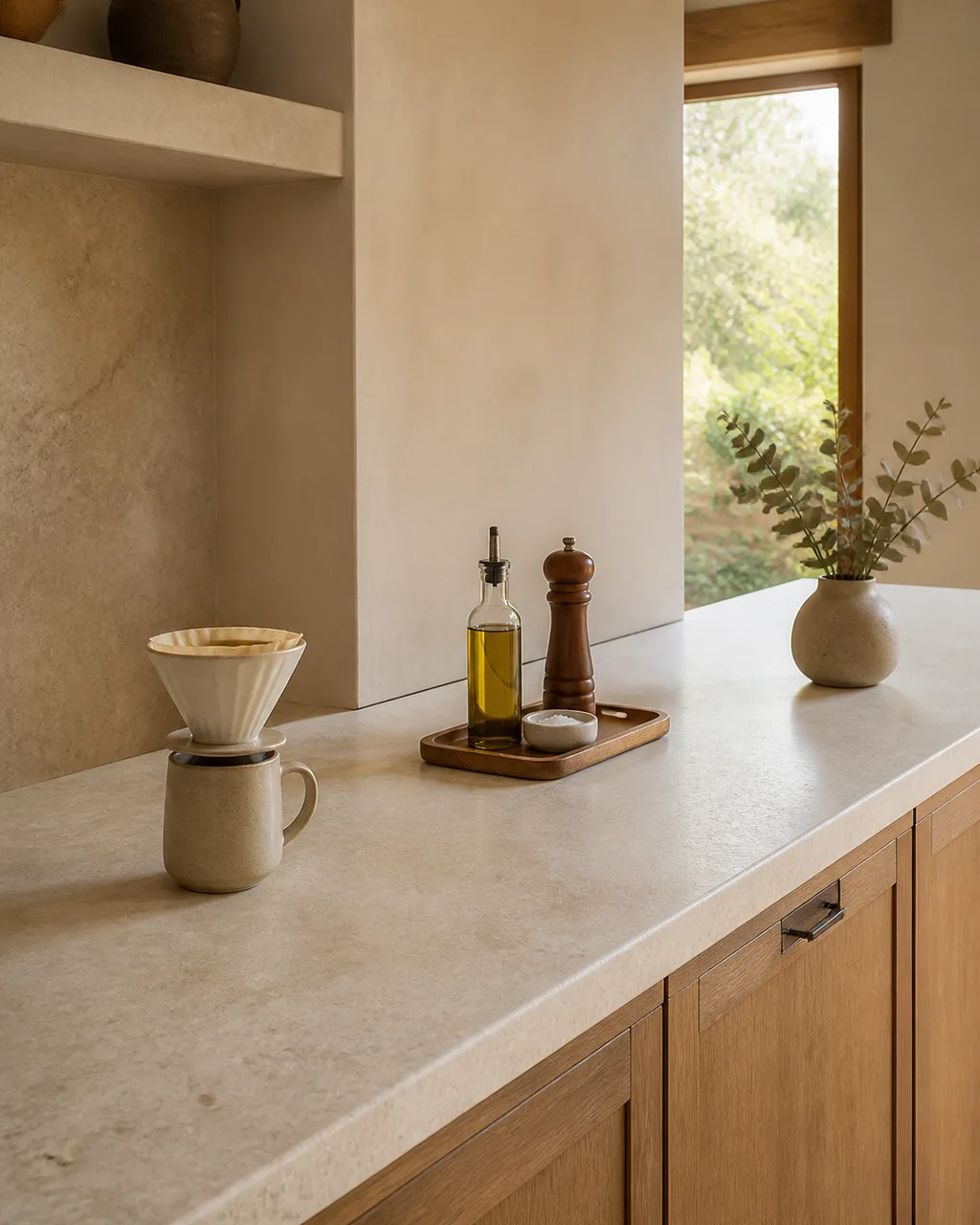 A kitchen countertop viewed at an angle showing three distinct zones with a coffee station on the left, a cooking tray in the center, and a small vase of dried eucalyptus on the right with clear space between