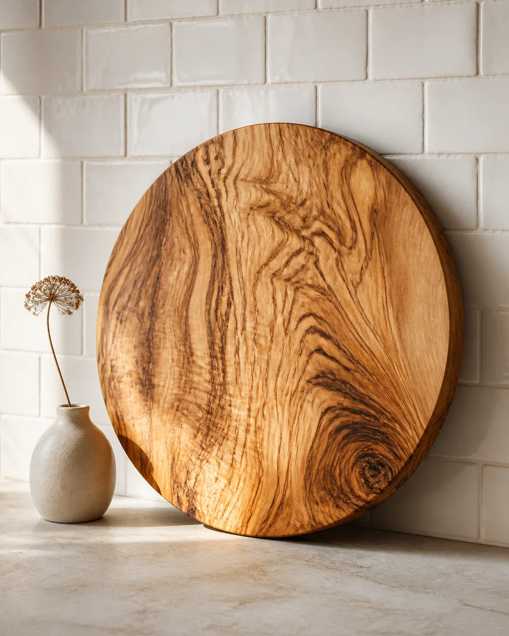 A large round olive-wood cutting board leaned against a white subway tile backsplash beside a small ceramic vase with a single dried stem on a clean countertop