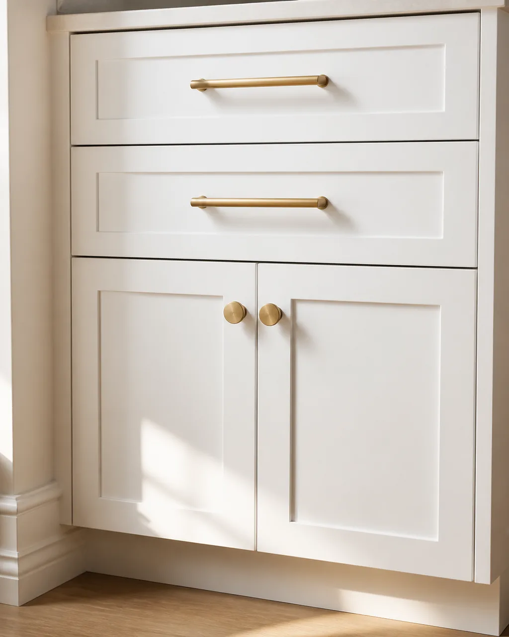 Close-up of white shaker kitchen cabinets with matching matte brushed-brass bar pulls on drawers and round knobs on doors in warm natural light