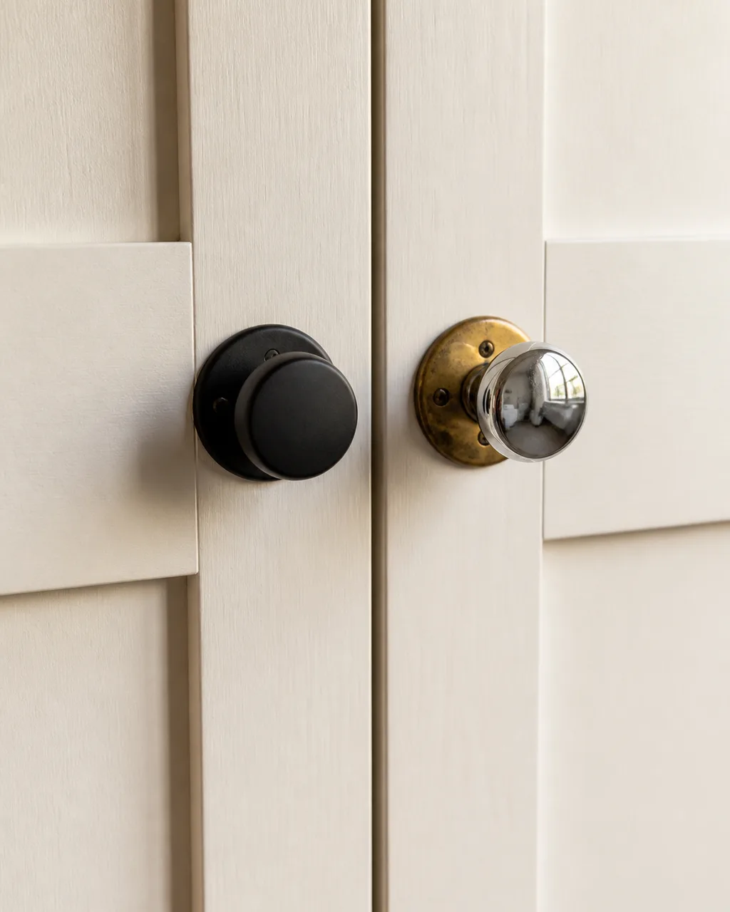 Extreme close-up of two cabinet knobs side by side on white shaker doors showing a matte-black knob with matching black backplate next to an old shiny chrome knob with a worn brass backplate