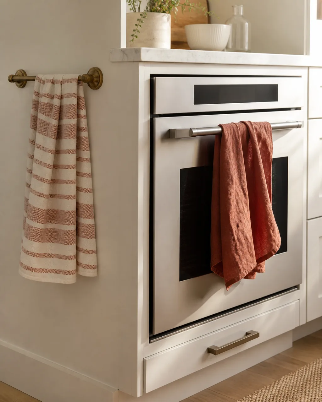A rust-colored linen tea towel draped over an oven handle and a cream-and-terracotta striped cotton towel hanging on a brass rail in a white kitchen