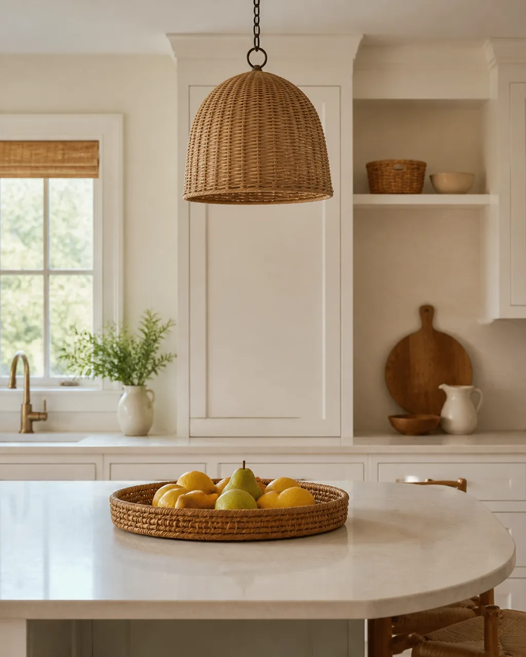 A kitchen vignette showing woven rattan appearing three times as a pendant light above, a tray on the counter holding fruit, and a small basket on the open shelf in a white kitchen