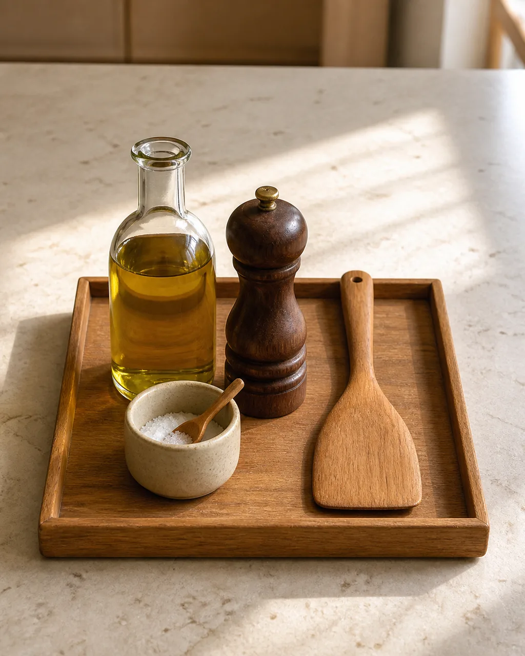 A rectangular wooden tray on a light stone countertop holding olive oil, a ceramic salt cellar, a walnut pepper mill, and a wooden spatula arranged as a curated still life