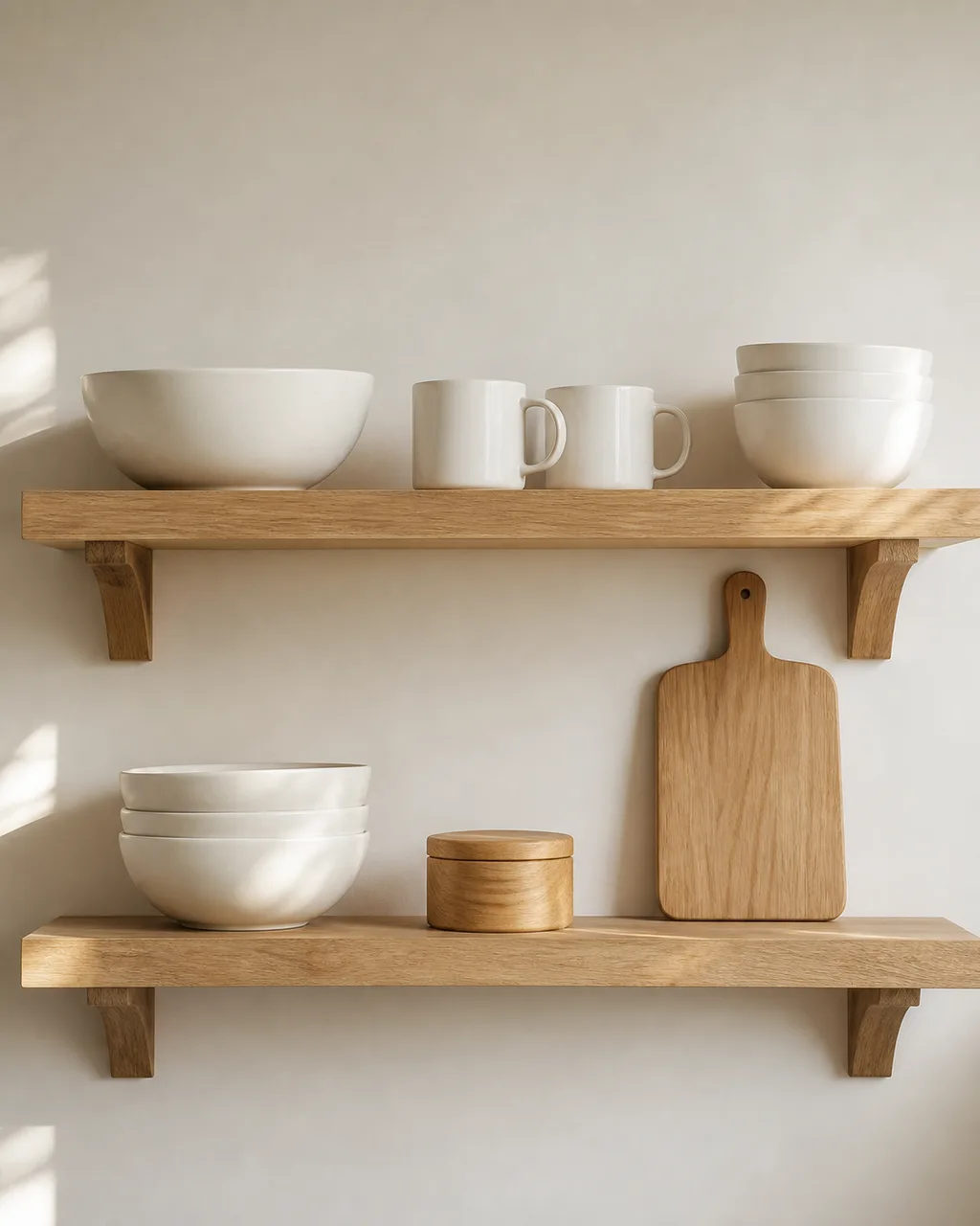 Two open kitchen shelves against a white wall displaying only white ceramics and natural wood objects with warm side light