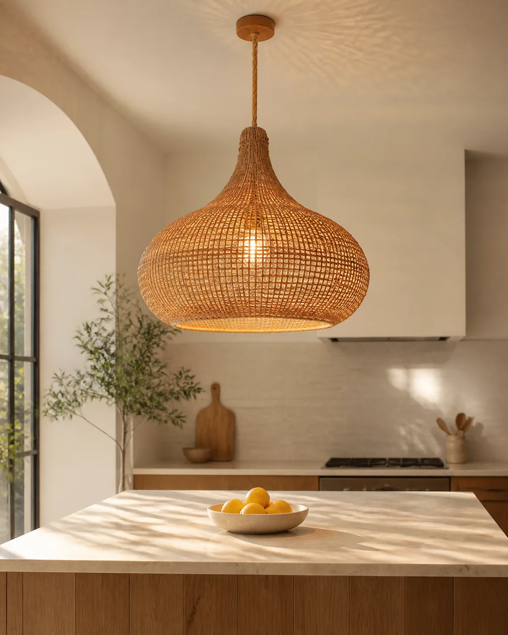 A large woven rattan pendant light hanging above a kitchen island with a bowl of lemons below, warm afternoon light filtering through the weave onto a white ceiling