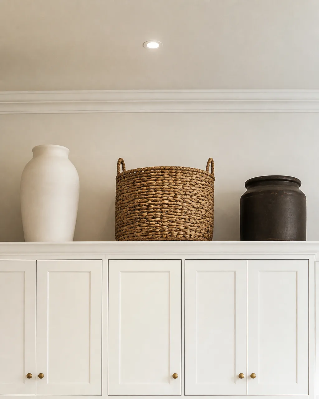 Looking up at the gap between white upper cabinets and a white ceiling with three large-scale objects spaced apart on top including a tall ceramic vase, a woven seagrass basket, and a dark stoneware crock
