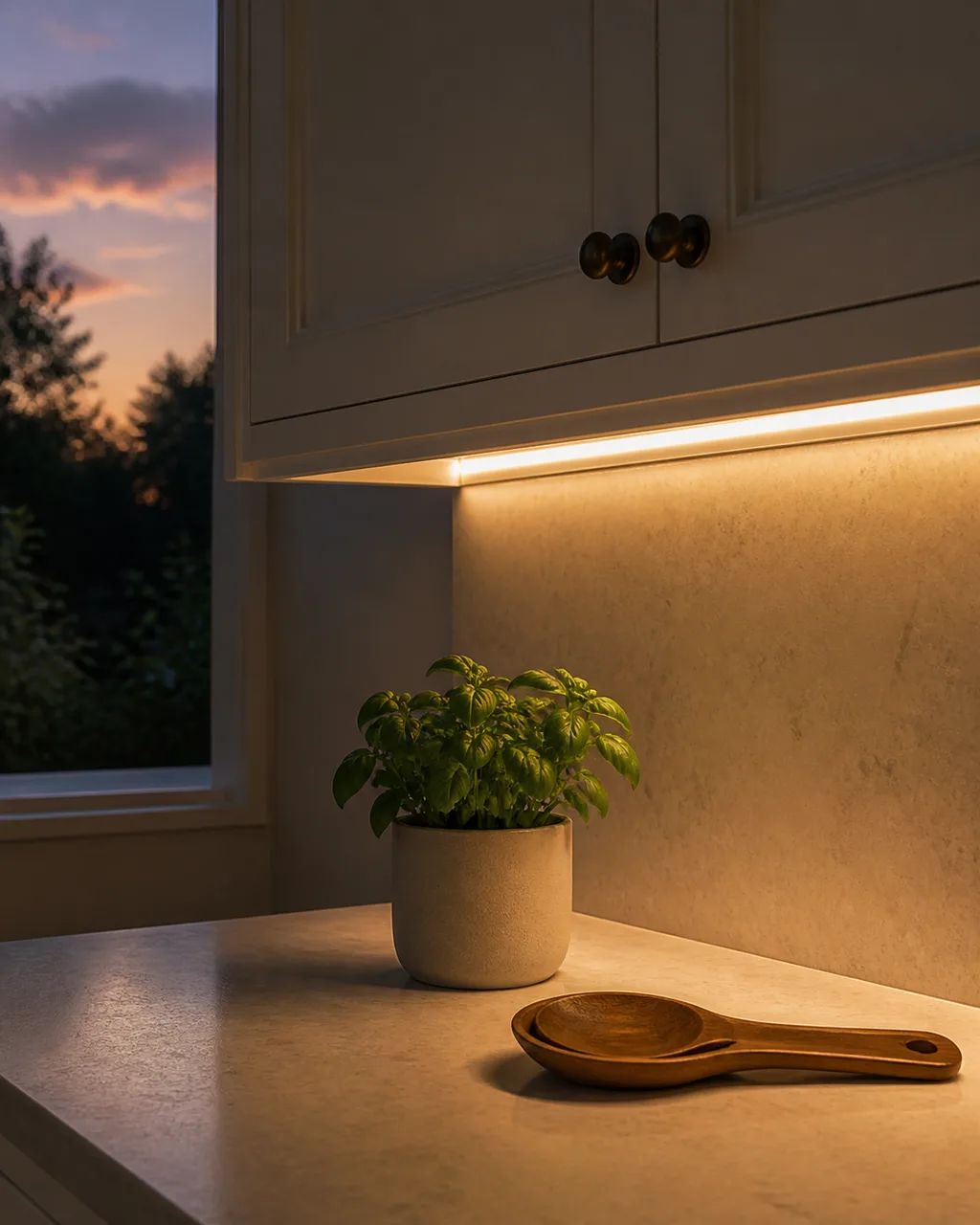 A kitchen countertop corner at dusk with warm 2700K LED strip light glowing beneath white upper cabinets, illuminating a small herb pot and wooden spoon rest