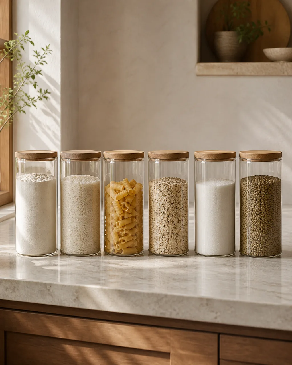 A row of six matching tall glass jars with wooden lids on a light kitchen countertop filled with different dry goods in warm natural light