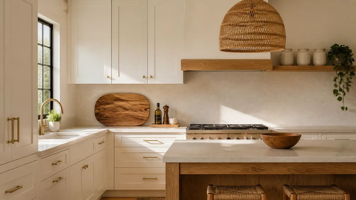 A bright kitchen with cream cabinets, matte brass hardware, a woven rattan pendant light, olive-wood cutting board leaned against the backsplash, and a curated tray of oils on the countertop in warm natural afternoon light