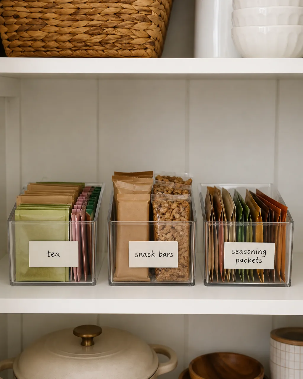 Three clear acrylic bins on a cabinet shelf labeled tea, snack bars, and seasoning packets, each containing neatly sorted items