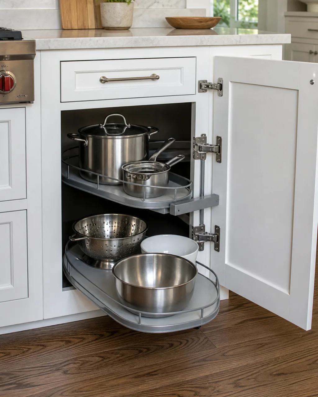 Two hinged metal swing-out trays pivoted out from a blind corner cabinet revealing pots and mixing bowls stored on each tier
