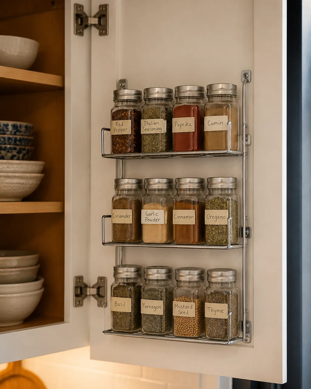 Inside of an upper cabinet door with a three-tier wire spice rack holding glass spice jars with handwritten labels