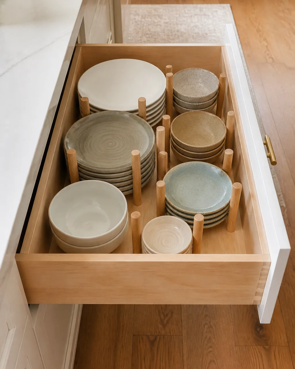 A deep kitchen drawer with adjustable wooden dowel pegs holding plates, bowls, and small dishes upright in customized slots