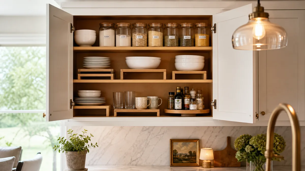 An open upper kitchen cabinet with labeled glass jars on bamboo risers, stacked white bowls, and a wooden turntable holding bottles, lit by a warm pendant light