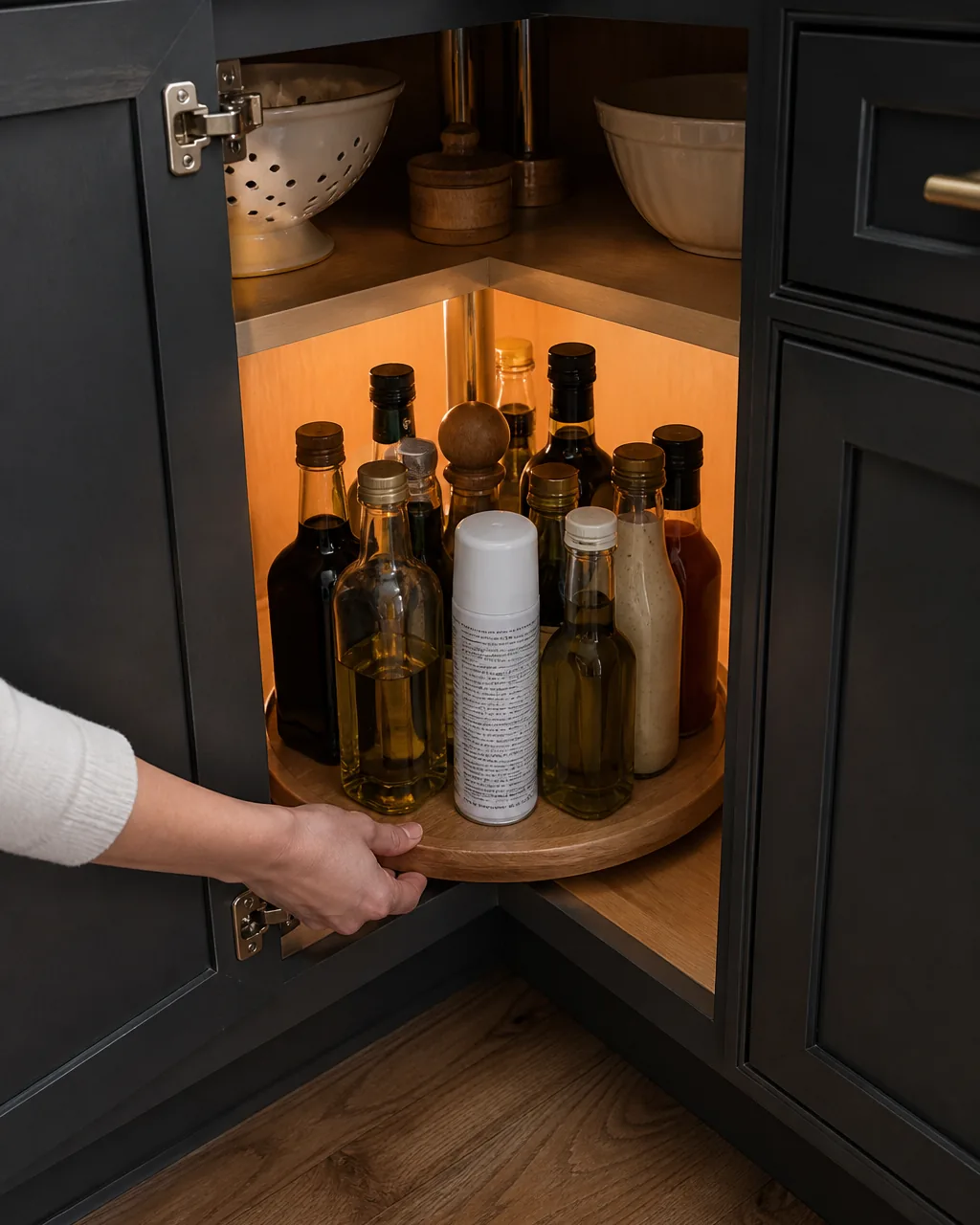 A wooden lazy susan turntable inside a deep corner cabinet holding olive oil bottles, vinegar, and condiments, with a hand reaching to spin it