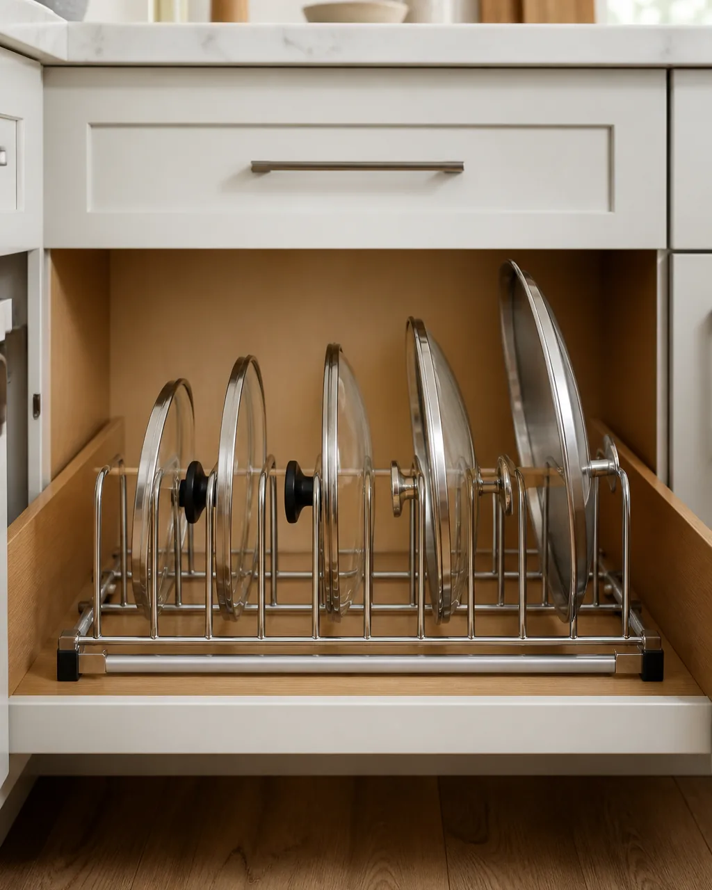 A chrome file-style lid organizer rack inside a cabinet with pot and pan lids of various sizes standing vertically