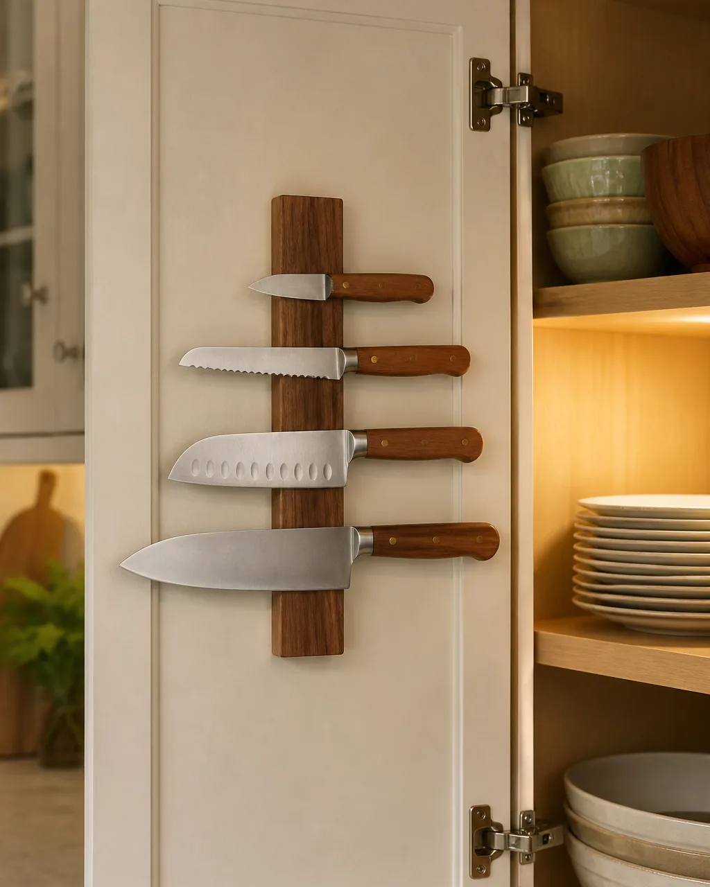 A wooden magnetic knife strip mounted vertically on the inside of a cabinet door holding four kitchen knives with wooden handles