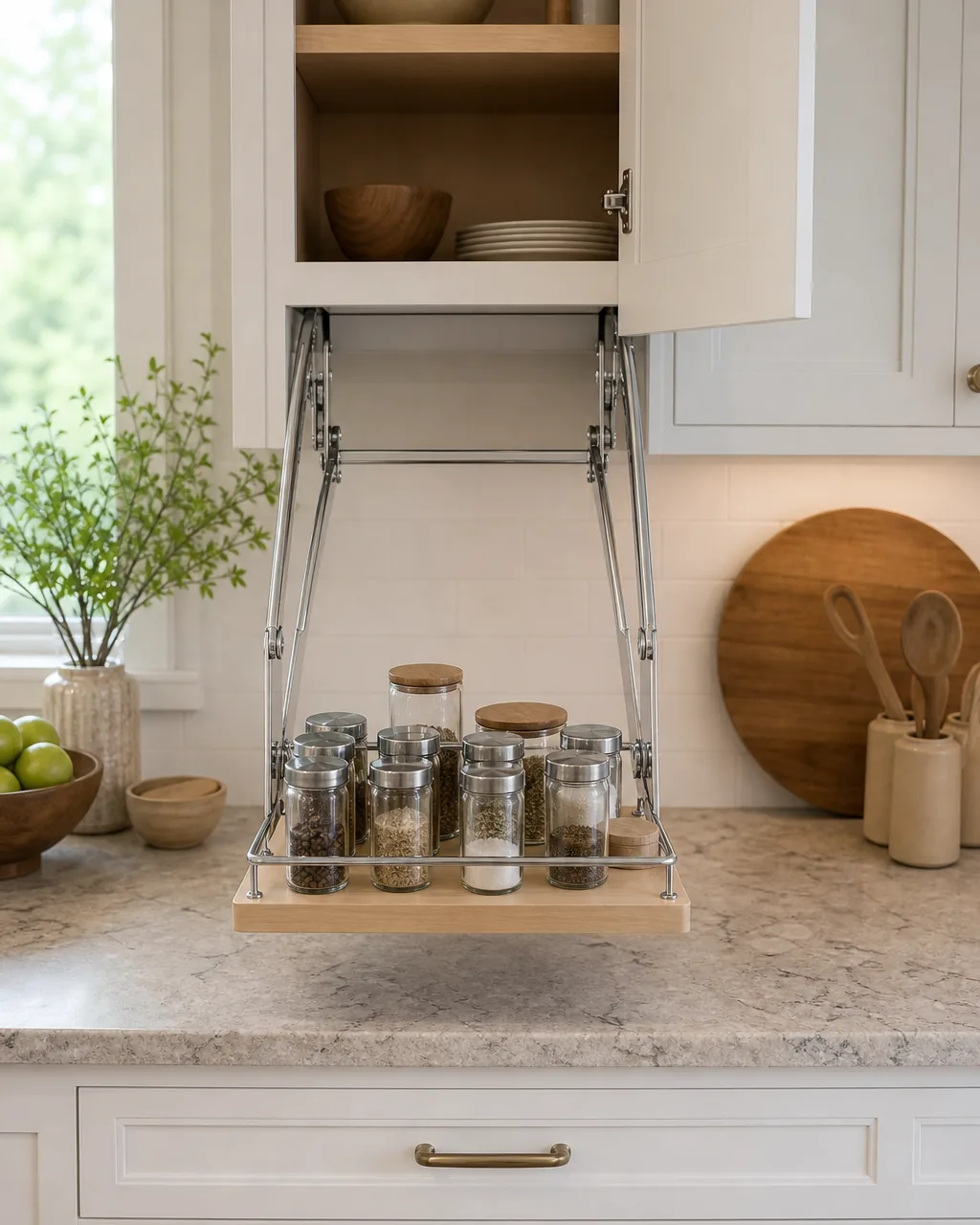 A pull-down shelf mechanism from an upper cabinet swung down to counter level with spice containers and small jars on it