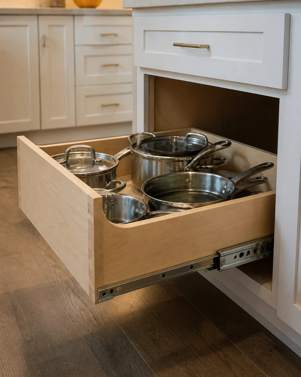 A pull-out wooden drawer insert sliding from a lower cabinet with pots and pans organized inside, soft-close glides visible