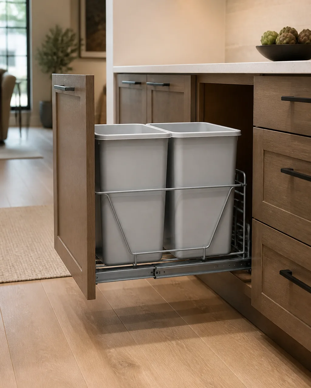 A slide-out metal frame recycling bin insert inside a lower cabinet with two separate bins for recyclables and trash