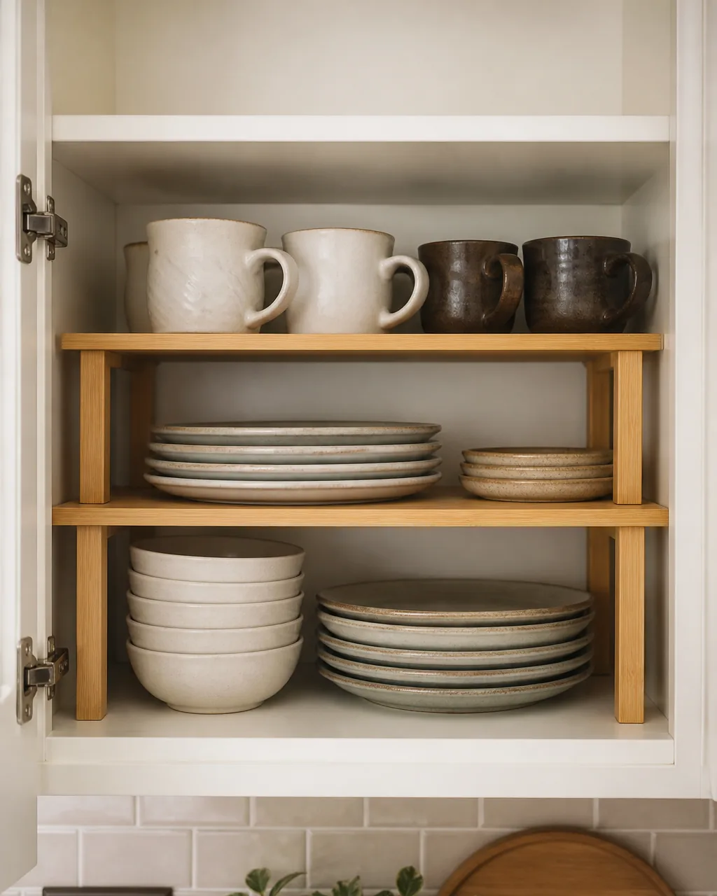 Inside an open cabinet with bamboo stackable shelf risers creating two tiers of mugs on top and plates below