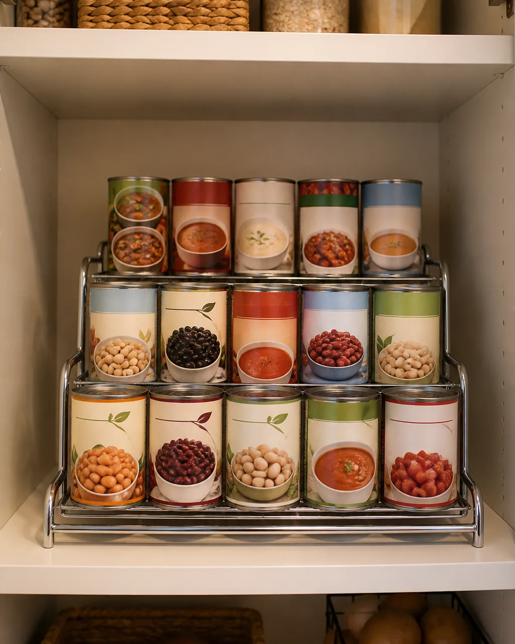 A three-tier chrome step-rise can organizer inside a cabinet holding various canned goods with labels visible and facing forward