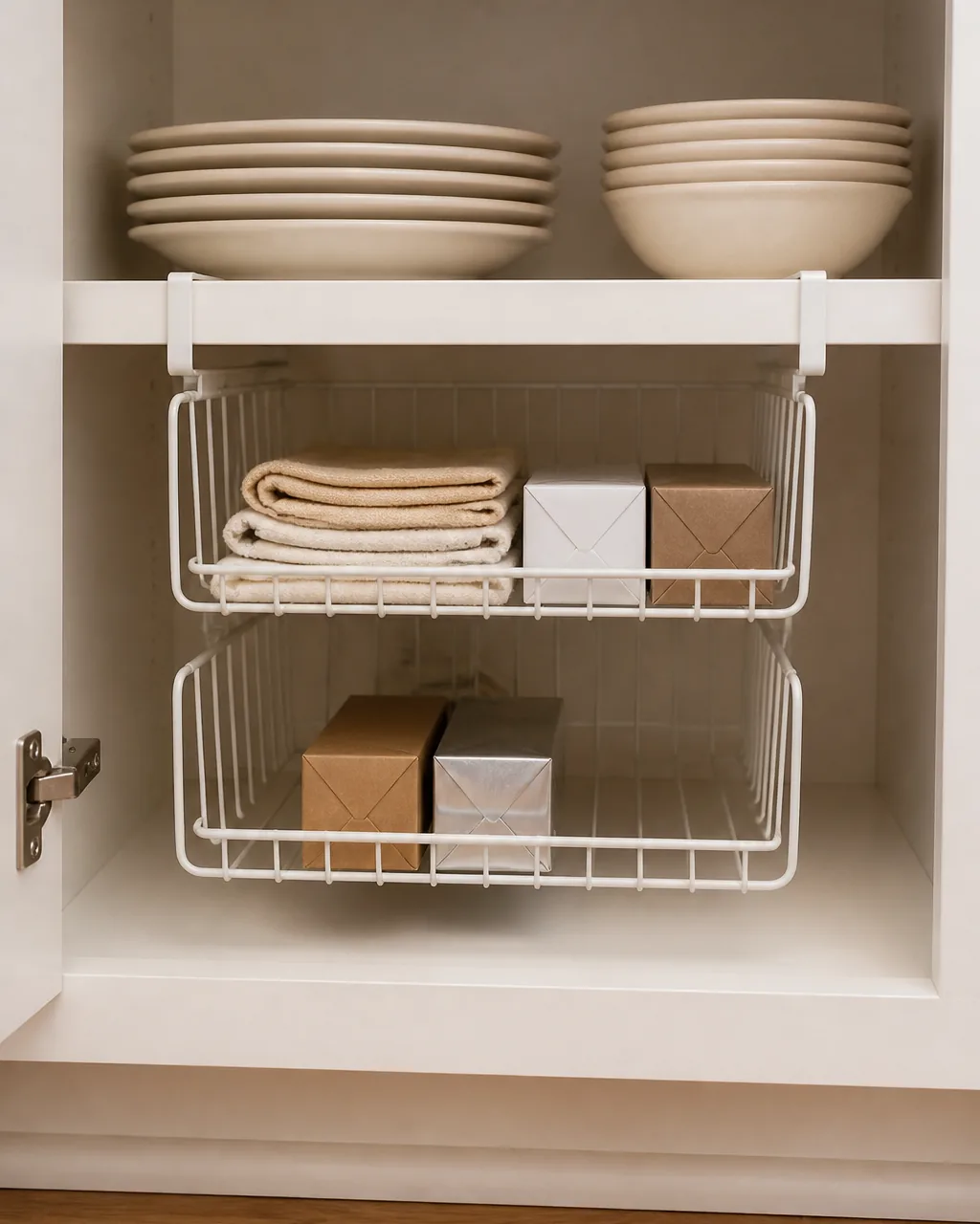 White wire under-shelf baskets clipped beneath a cabinet shelf holding napkins, plastic wrap boxes, and aluminum foil