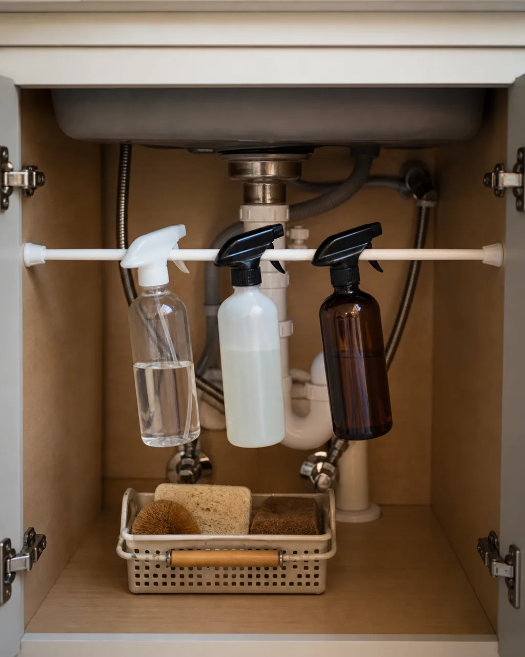 A white tension rod across the inside of an under-sink cabinet with three spray bottles hanging by their trigger handles, small caddy with sponges below