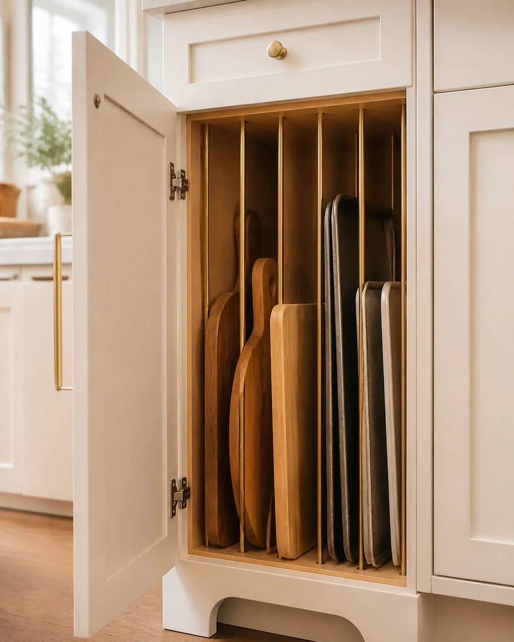 A tall narrow cabinet with metal vertical dividers holding cutting boards, baking sheets, and serving trays standing upright