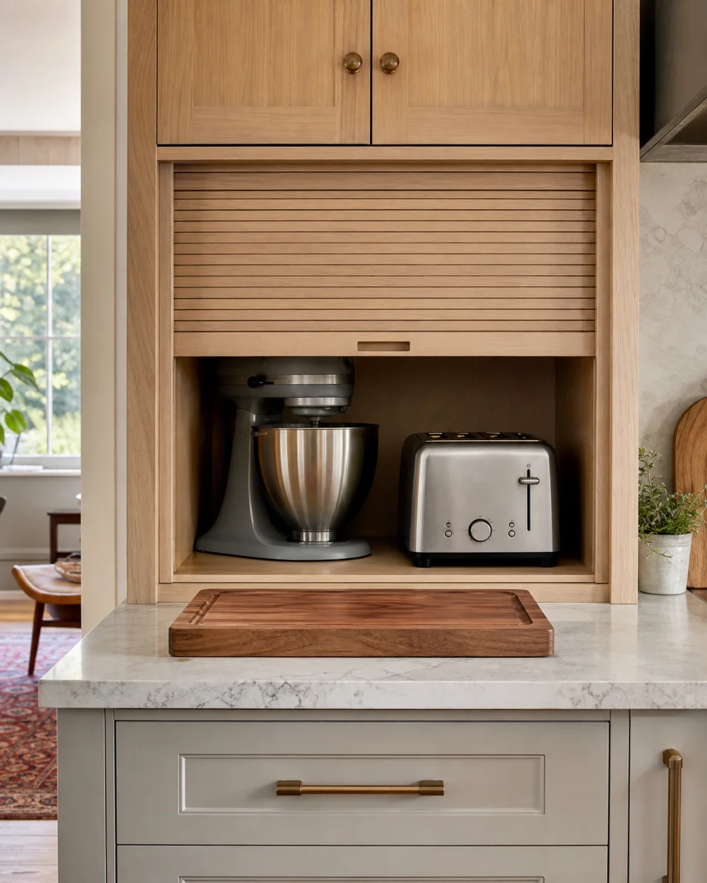 An appliance garage with a tambour door partially open showing a mixer and toaster inside