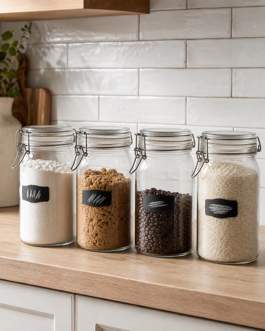 Four clear glass canisters with clamp lids holding flour, brown sugar, coffee beans, and rice on a wood countertop