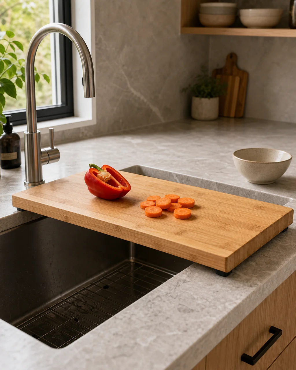 A bamboo cutting board bridging across a kitchen sink with vegetables being prepped on top