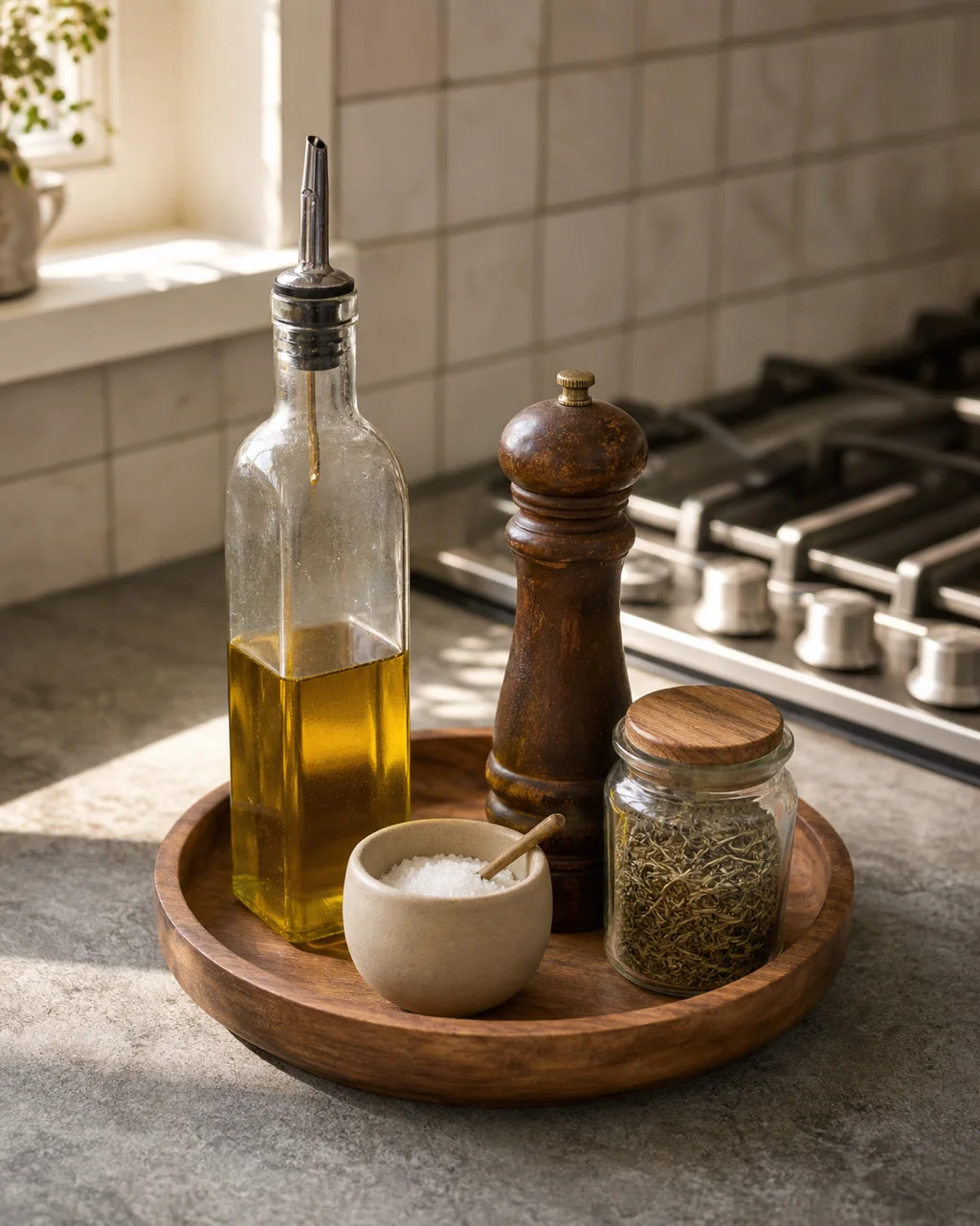 A grouped tray station on a kitchen countertop near the stove