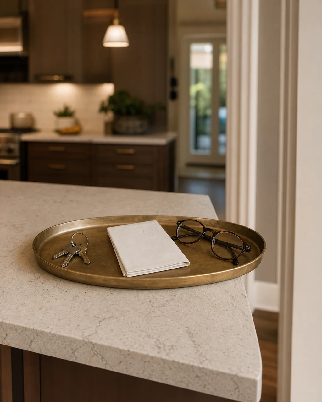 An oval brass tray on a kitchen island countertop holding keys, mail, and reading glasses