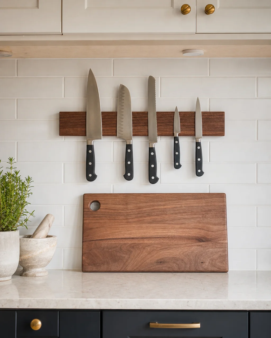 A magnetic knife strip mounted on a backsplash with five knives above a cutting board